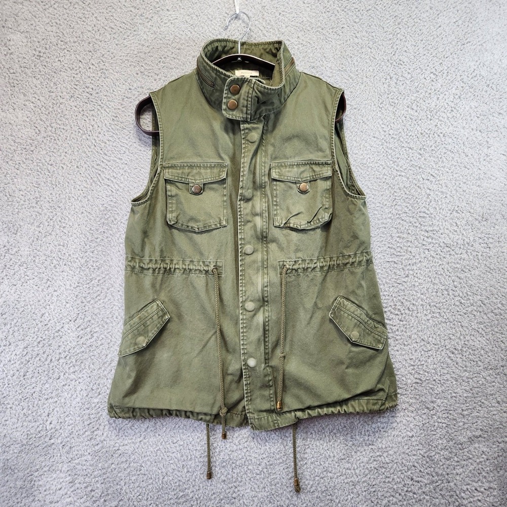 Pleione Utility Vest Womens Medium Olive Green Drawstring Pockets 100% Cotton